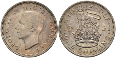 Великобритания 1 шиллинг 1951 Георг VI (1936-1952), Английский герб KM 876, Spink 4108 медно-никель 4592-1134