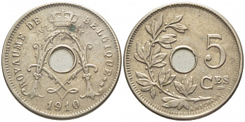 Бельгия 5 сантимов 1910 Belgique, Альберт I (1909-1934) KM 66 медно-никель 112-228