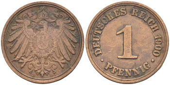 ГЕРМАНИЯ 1 ПФЕННИГ 1900 D KM 10, J. 10 медь 4523-252