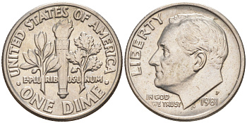 США 10 ЦЕНТОВ = 1 ДАЙМ 1981 P, РУЗВЕЛЬТ KM 195a медь плакированная медно-никелем 187-1056