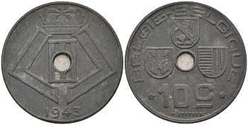 Бельгия 10 сантимов 1942 BELGIE-BELGIQUE KM 126 цинк 4116-1112