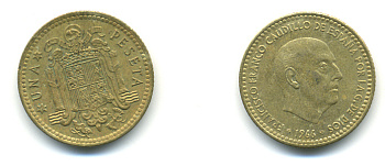 Испания 1 песета 1966 (75) Франциско Франко (1939-1975) КМ 796 алюминиевая бронза 177-114