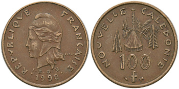 Французская Новая Каледония 100 франков 1998 хижина среди сосен и пальм, (IEOM) KM 15, Schoen 16, Lec 139b никель латунь 4140-1044