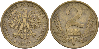 ПОЛЬША 2 ЗЛОТЫХ 1977 ЛЕНИНГРАДСКИЙ МОНДВОР KM 80.1 латунь VF-XF 192-356