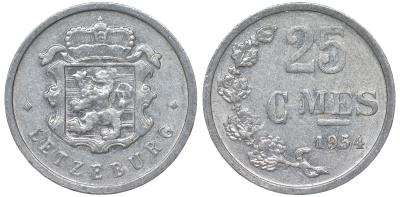 Люксембург 25 сантимов 1954 KM 45a.1 алюминий 4164-346