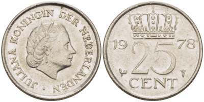 НИДЕРЛАНДЫ 25 ЦЕНТОВ 1978 ЮЛИАНА KM 183 никель 4392-141