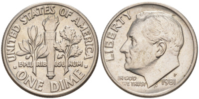 США 10 ЦЕНТОВ = 1 ДАЙМ 1981 P, РУЗВЕЛЬТ KM 195a медь плакированная медно-никелем 187-1056