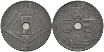Бельгия 10 сантимов 1942 BELGIE-BELGIQUE KM 126 цинк 4116-1112