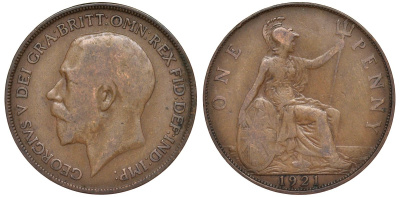 Великобритания 1 пенни 1921 Георг V (1910-1936) KM 810, Spink 4051 бронза 4123-1145