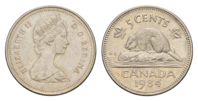 Канада 5 центов 1984 Елизавета II (1952-2022), бобр KM 60.2a медно-никель 4639-515
