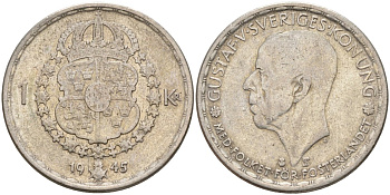 Швеция 1 крона 1944 G, Густав V (1907-1950) KM 814 серебро 4148-1022