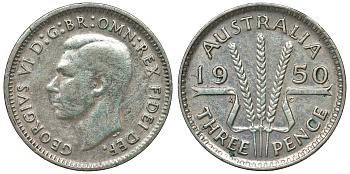 Австралия 3 пенса 1950 m, Георг VI (1937-1952), без букв KM 44 серебро 71-242