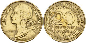 Франция 20 сантимов 1965 тип Марианна KM 930 медь алюминий никель    4153-356
