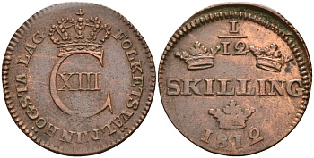 Швеция 1/12 скиллинга 1812 Карл VIII (1809-1818) KM 584 медь 190-857