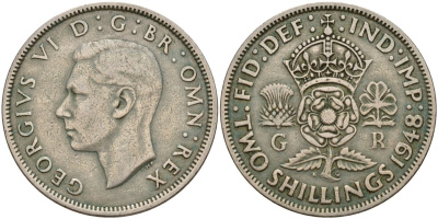Великобритания 2 шиллинга (флорин) 1948 Георг VI (1936-1952) KM 878, Spink 4107 медно-никель 4150-752