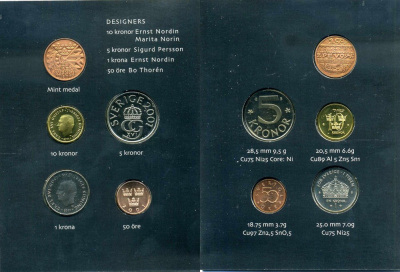 Швеция набор из 4 монет + медаль 2001 в оригинальном картонном буклете, Карл XVI Густав (1973- ) KM MS 107 UNC 4-4-1-39