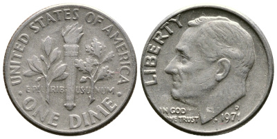 США 10 ЦЕНТОВ = 1 ДАЙМ 1971 D, РУЗВЕЛЬТ KM 195а медь плакированная медно-никелем 73-238