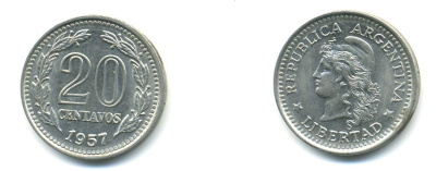 Аргентина 20 сентаво 1957 голова Свободы влево KM 55 сталь плакированная никелем 80-237