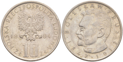ПОЛЬША 10 ЗЛОТЫХ 1984 MW, БОЛЕСЛАВ ПРУС KM 73 медно-никель 106-637