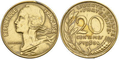 Франция 20 сантимов 1965 тип Марианна KM 930 медь алюминий никель    4153-356