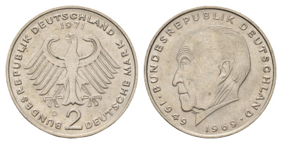 ФРГ 2 марки 1971 D, Конрад Аденауэр KM 124, J. 406 медно-никель 3459-953