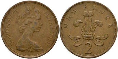 Великобритания 2 пенса 1975 Елизавета II (1952-2022) KM 916, Spink 4235 (C1) бронза 4156-521