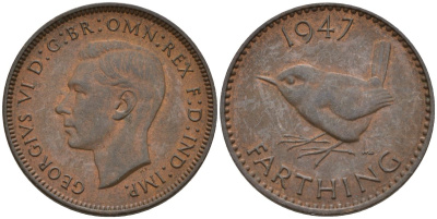 Великобритания 1 фартинг 1947 Георг VI (1936-1952) KM 843, Spink 4116 бронза 4596-1025