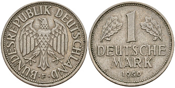 ФРГ 1 марка 1950 F KM 110, J. 385 медно-никель 4159-1025