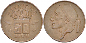 БЕЛЬГИЯ 50 САНТИМОВ 1952 BELGIQUE KM 144 бронза 3996-1227