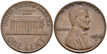 США 1 цент 1964 D, Линкольн KM 201 медь цинк 4564-438