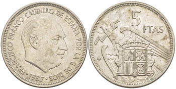 Испания 5 песет 1957 (71) Франсиско Франко (1939-1975) KM 786 медно-никель 210-1115