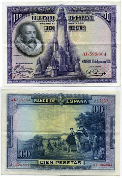 Испания 100 песет 1928 Мигель де Сервантес Сааведра, памятник Сервантесу, картина Дон Кихот Pick 76 а бумага 00-00