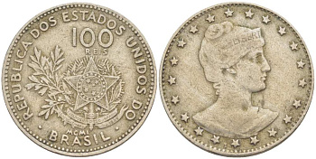 БРАЗИЛИЯ 100 РЕЙС 1901 ГОЛОВА СВОБОДЫ ВПРАВО, РИМСКАЯ НУМЕРАЦИЯ ДАТЫ KM 503 медно-никель 4529-543
