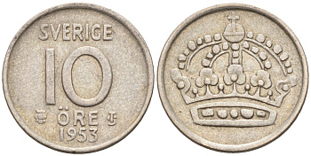 Швеция 10 эре 1953 TS, Густав VI Адольф (1950-1973) KM 823 серебро 4147-863