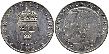 Швеция 1 крона 1987 Карл XVI Густав (1973- ) KM 852a медно-никель 4397-1155