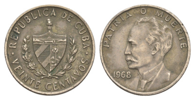 Куба 20 сентаво 1968 Хосе Марти KM 31, Y 25, Schoen 29 медно-никель 4163-635