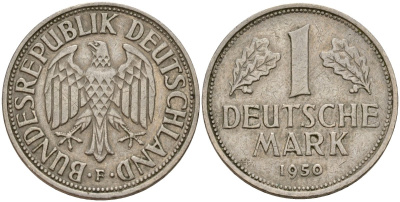 ФРГ 1 марка 1950 F KM 110, J. 385 медно-никель 4159-1025