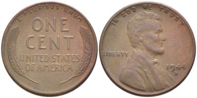 США 1 ЦЕНТ 1944 D ЛИНКОЛЬН KM А132 медь цинк 105-1113