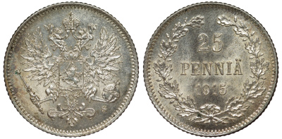 Россия для Финляндии 25 пенни 1915 S, Николай II (1894-1917) KM 6.2, Биткин 420 серебро 75-1215
