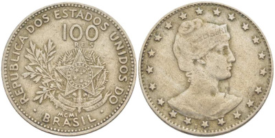 БРАЗИЛИЯ 100 РЕЙС 1901 ГОЛОВА СВОБОДЫ ВПРАВО, РИМСКАЯ НУМЕРАЦИЯ ДАТЫ KM 503 медно-никель 4529-543