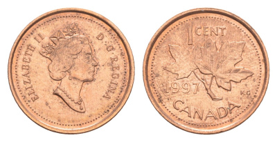 Канада 1 цент 1997 Елизавета II (1952-2022), кленовый лист KM 289 цинк плакированный медью 4651-621