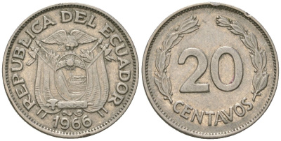 Эквадор 20 сентаво 1966 KM 77.1c сталь плакированная никелем 4611-712