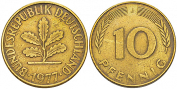 ФРГ 10 ПФЕННИГОВ 1977 J KM 108, J.383 сталь плакированная латунью 3718-814