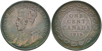Канада 1 цент 1916 Георг V (1910-1936), большой формат KM 21 бронза    4126-821
