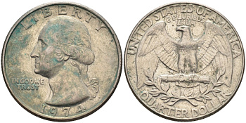 США 25 центов (квотер) 1974 Вашингтон KM 164a медь плакированная медно-никелем 4584-1034