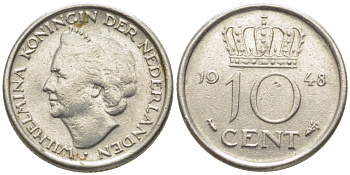 Нидерланды 10 центов 1948 Вильгельмина (1895-1948) KM 177 никель 112-258