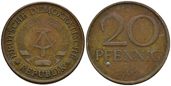 ГДР 20 пфеннигов 1969 А, первый год KM 11 латунь 4601-517