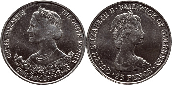 Гернси 25 пенсов 1980 80 лет Королеве Елизавете (королеве матери) KM 35 медно-никель UNC 74-815