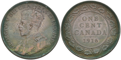 Канада 1 цент 1916 Георг V (1910-1936), большой формат KM 21 бронза    4126-821