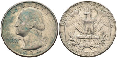 США 25 центов (квотер) 1974 Вашингтон KM 164a медь плакированная медно-никелем 4584-1034